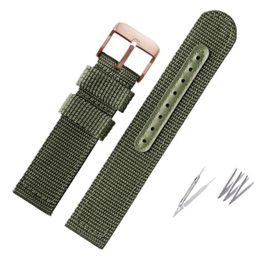 BOLEXA nato strap Gewebtes Nylon-Uhrenarmband, Canvas-Uhrenarmband, 18 mm, 20 mm, 22 mm, 24 mm, for Herren und Damen, Ersatz-Uhrenarmband Nylon Uhrenarmbänder (Color : Green-rose gold, Size : 22mm) von BOLEXA