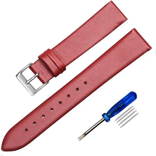 BOLEXA uhr Lederarmband Uhrenarmband aus echtem Leder, 12 mm/14 mm/16 mm/18 mm/20 mm, 22 mm, glatte Uhrenarmbänder, Edelstahl-Schnalle (Color : Red 2, Size : 16mm) von BOLEXA