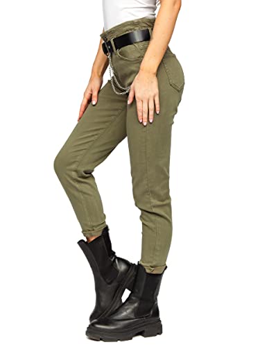 BOLF Damen Cargohose Denim Jeanshose Stoffhose mit Gürtel Military Look High Waist Freizeithose Boyfriend Cut Elegant Classic Slim Fit LA689 Khaki XS [F6F] von BOLF