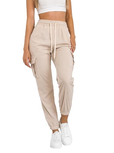 BOLF Damen Cargohose Sweatpants Jogger Basic Jogginghose Sporthose Trainingshose Sweathose Freizeithose Laufhosen High Waist Fitness Slim Fit W7861 Beige L [F6F] von BOLF