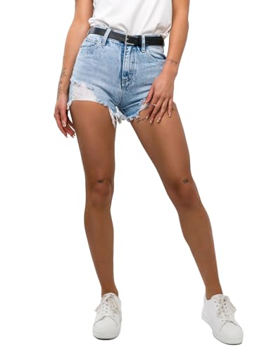 BOLF Damen Jeans Shorts Hohe Taille Denim Kurzehose Ripped Stretch Hotpants mit Taschen Bermuda Klassische Bequeme Sommerhose Freizeithose Casual Slim Fit JK810A1 Blau S [G7G] von BOLF