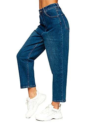 BOLF Damen Jeanshose High Waist Jeans Slouchy Jeanspants Sweatpants Used Look Denim FL1956 Dunkelblau L [F6F] von BOLF