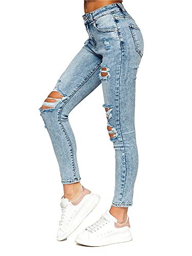 BOLF Damen Jeanshose Jeans Used Look Jeanspants Destroyed Denim Style Regular Fit Narrow Leg Freizeit Casual Style Y882-3 Blau M [F6F] von BOLF