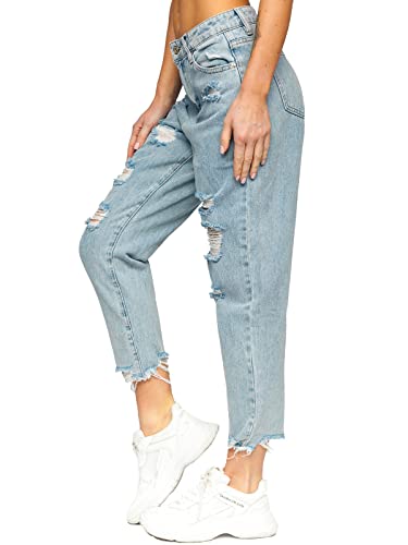 BOLF Damen Jeanshose Jeans Used Look Mom Jeanspants Boyfriend Cut Destroyed Denim Style Regular Fit Freizeit Casual Style WL2100 Blau M [F6F] von BOLF