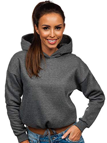 BOLF Damen Kapuzenpullover Taillenbindung Sweatshirt Classic Sweater Pulli Langarmshirt Rundhalsausschnitt Farbvarianten Crew Neck Longsleeve Fitness Sport (A1A) J.Style KSW2018 Dunkelgrau XL [A1A] von BOLF