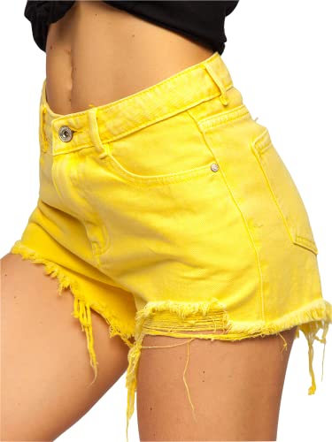 BOLF Damen Kurze Denim Shorts High Waist Zerrissenes Ripped Jeansshorts Bermuda Sommer Hotpants Distressed Freizeit Stretch Relaxed A63 Gelb L [G7G] von BOLF