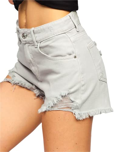 BOLF Damen Kurze Denim Shorts High Waist Zerrissenes Ripped Jeansshorts Bermuda Sommer Hotpants Distressed Freizeit Stretch Relaxed A63 Grau S [G7G] von BOLF