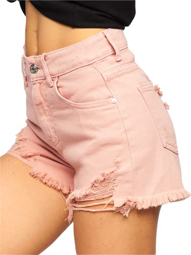 BOLF Damen Kurze Denim Shorts High Waist Zerrissenes Ripped Jeansshorts Bermuda Sommer Hotpants Distressed Freizeit Stretch Relaxed A63 Rosa L [G7G] von BOLF