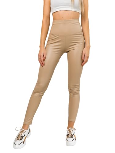 BOLF Damen Leggings Kunstleder High Waist Lederimitation Skinny Leder Optik Hoch Taillierte Freizeithose Hüfthose W7528 Beige XXL [F6F] von BOLF