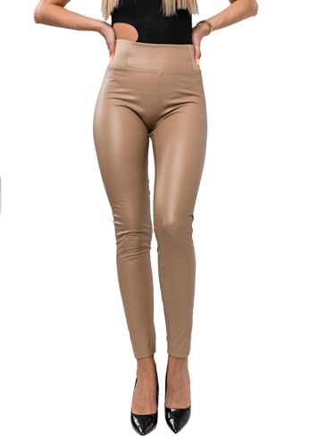 BOLF Damen Leggings Kunstleder High Waist Lederimitation Skinny PU Leder-Optik Hoch Taillierte Freizeithose Hüfthose Elegant Casual W7870 Beige XL [F6F] von BOLF