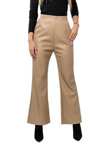 BOLF Damen Palazzo Hose Culottes Schlaghose Leder-Optik Kunstleder Hohe Taille Bootcut Modische W7585 Beige M [F6F] von BOLF