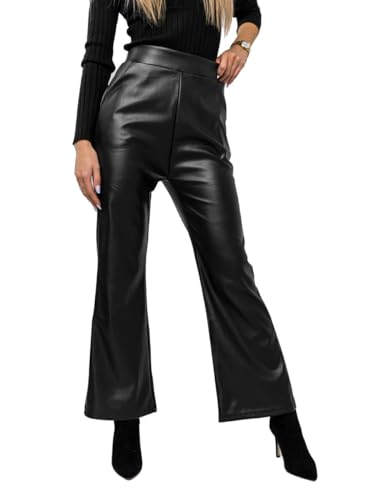 BOLF Damen Palazzo Hose Culottes Schlaghose Leder-Optik Kunstleder Hohe Taille Bootcut Modische W7585 Schwarz L [F6F] von BOLF