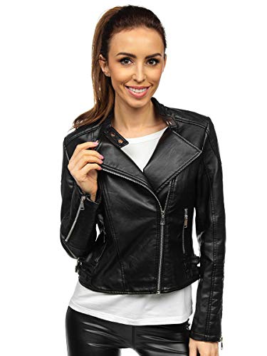 BOLF Damen Lederjacke Kunstleder Übergangsjacke Frühlingsjacke Bikerjacke Motorradjacke mit Reverskragen Stehkragen Reißverschluss Vintage Casual Style YD BF5935502 Schwarz XL [D4D] von BOLF