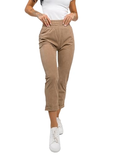BOLF Damen Stoffhose mit Taschen Chino Hose Bequeme Hohe Taille Sommerhose Schlupfhose Baumwolle Tapered Gerippt Business Elegant Leichte Freizeithose Casual Slim Fit W7856 Braun L [F6F] von BOLF