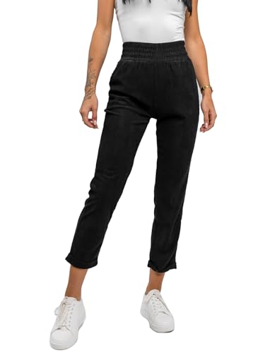 BOLF Damen Stoffhose mit Taschen Chino Hose Bequeme Hohe Taille Sommerhose Schlupfhose Baumwolle Tapered Gerippt Business Elegant Leichte Freizeithose Casual Slim Fit W7856 Schwarz L [F6F] von BOLF