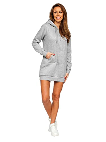 BOLF Damen Sweatkleid Lang Sweatshirt Longshirt Oversize Hoodie Tunika Sportkleid Kapuzenpullover Kapuzenkleid Weich Und Bequem Hochwertiger Baumwollmischung Basic YS10003 Grau L [A1A] von BOLF