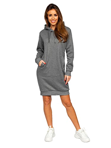 BOLF Damen Sweatkleid Lang Sweatshirt Longshirt Oversize Hoodie Tunika Sportkleid Kapuzenpullover Kapuzenkleid Weich Und Bequem Hochwertiger Baumwollmischung Basic YS10005 Dunkelgrau L [A1A] von BOLF