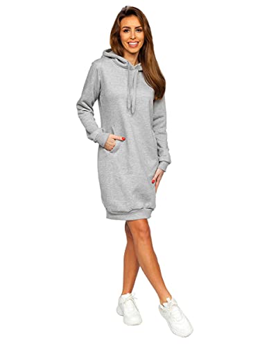 BOLF Damen Sweatkleid Lang Sweatshirt Longshirt Oversize Hoodie Tunika Sportkleid Kapuzenpullover Kapuzenkleid Weich Und Bequem Hochwertiger Baumwollmischung Basic YS10005 Grau L [A1A] von BOLF