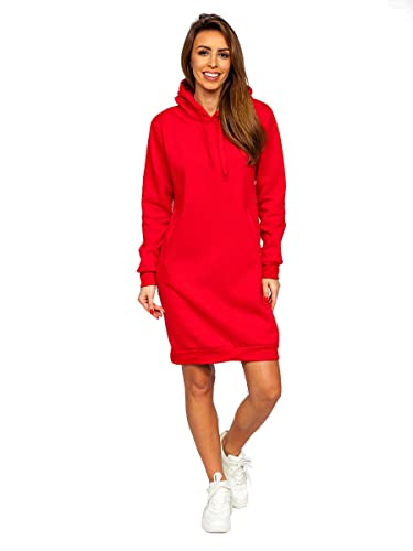 BOLF Damen Sweatkleid Lang Sweatshirt Longshirt Oversize Hoodie Tunika Sportkleid Kapuzenpullover Kapuzenkleid Weich Und Bequem Hochwertiger Baumwollmischung Basic YS10005 Rot S [A1A] von BOLF