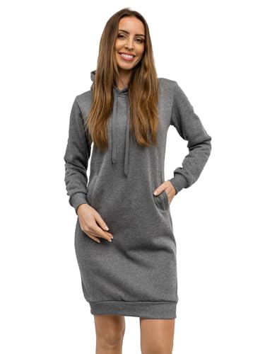 BOLF Damen Sweatkleid Lang Sweatshirt Longshirt Oversize Hoodie Tunika Sportkleid Kapuzenpullover Kapuzenkleid Weich Und Bequem Hochwertiger Baumwollmischung Basic YS10005A1 Dunkelgrau L [A1A] von BOLF