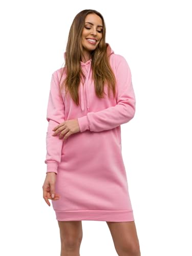 BOLF Damen Sweatkleid Lang Sweatshirt Longshirt Oversize Hoodie Tunika Sportkleid Kapuzenpullover Kapuzenkleid Weich Und Bequem Hochwertiger Baumwollmischung Basic YS10005A1 Rosa(Hell) S [A1A] von BOLF