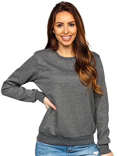 BOLF Damen Sweatshirt Pullover ohne Kapuze Basic Langarmshirt Top Baumwollmischung Pulli Rundhals-Ausschnitt Sweater Farbvarianten Sportlich Fitness J.Style W01 Dunkelgrau M [A1A] von BOLF