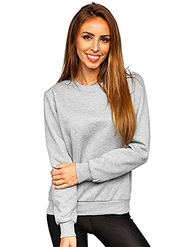 BOLF Damen Sweatshirt Pullover ohne Kapuze Basic Langarmshirt Top Baumwollmischung Pulli Rundhals-Ausschnitt Sweater Farbvarianten Sportlich Fitness J.Style W01 Grau M [A1A] von BOLF