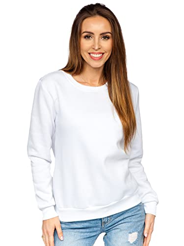 BOLF Damen Sweatshirt Pullover ohne Kapuze Basic Langarmshirt Top Baumwollmischung Pulli Rundhals-Ausschnitt Sweater Farbvarianten Sportlich Fitness J.Style W01 Weiß M [A1A] von BOLF