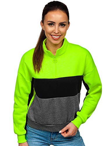 BOLF Damen Sweatshirt Stehkragen Classic Sweater Pulli Langarmshirt Rundhalsausschnitt Pullover Farbvarianten Basic Longsleeve Fitness Sport J.Style KSW2021 Grün-Neon M [A1A] von BOLF