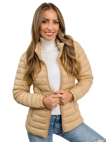 BOLF Damen Übergangsjacke Steppjacke mit Kapuze Stehkragen Daunenjacke Reißverschluss Sportjacke Zip Wärme Freizeit Sport Basic Outdoor Casual Style 16M9101 Beige S [D4D] von BOLF