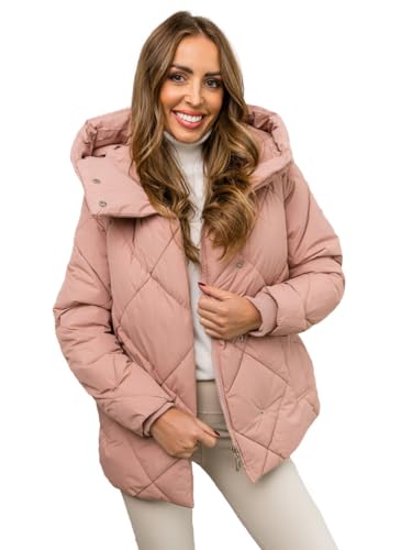 BOLF Damen Winterjacke Kapuze Wintermantel Lange Steppjacke Daunenjacke Puffermantel Sportjacke Warm Gefüttert Freizeit Outdoor Casual Style 5M3175 Rosa M [D4D] von BOLF