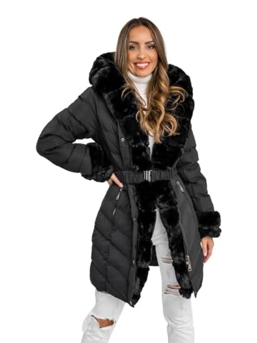 BOLF Damen Winterjacke Parka Gefüttert mit Kunstfell Kapuze Wintermantel Lange Steppjacke Daunenjacke Puffermantel Sportjacke Warm Gefüttert Freizeit Outdoor Casual Style 5M3156 Schwarz L [D4D] von BOLF