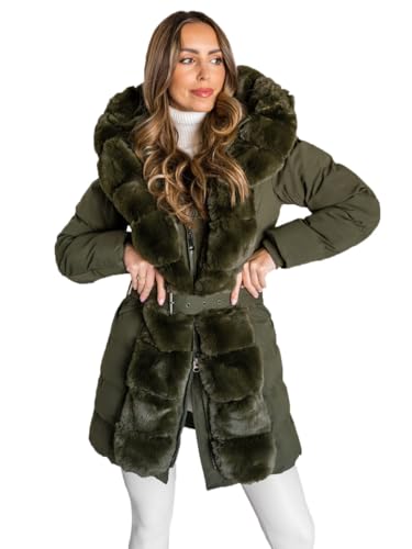 BOLF Damen Winterjacke Parka Gefüttert mit Kunstfell Kapuze Wintermantel Lange Steppjacke Daunenjacke Puffermantel Sportjacke Warm Gefüttert Freizeit Outdoor Casual Style 5M3158 Khaki M [D4D] von BOLF