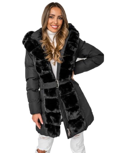 BOLF Damen Winterjacke Parka Gefüttert mit Kunstfell Kapuze Wintermantel Lange Steppjacke Daunenjacke Puffermantel Sportjacke Warm Gefüttert Freizeit Outdoor Casual Style 5M3158 Schwarz M [D4D] von BOLF