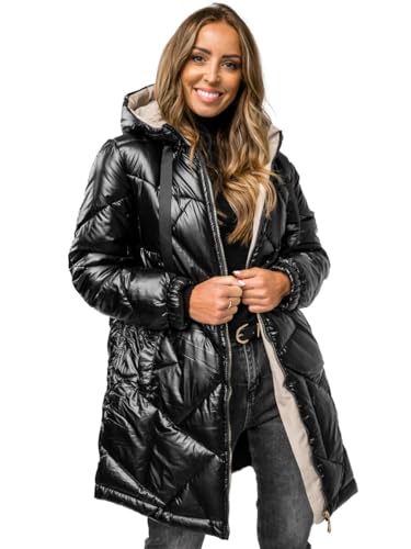 BOLF Damen Wintermantel Winterjacke Mantel Steppjacke Daunenjacke Outdoorjacke Wärme Pufferjacke Leichte Reißverschluss Stehkragen Kapuze Zip Freizeit Sport Basic Casual 5M3189 Schwarz L [D4D] von BOLF