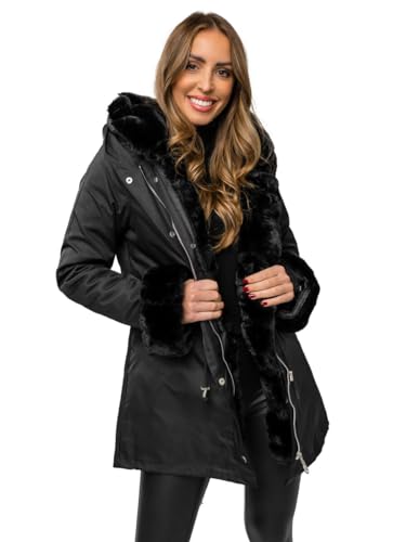 BOLF Damen Winterjacke Parka Gefüttert mit Kunstfell Kapuze Wintermantel Lange Steppjacke Daunenjacke Puffermantel Sportjacke Warm Gefüttert Freizeit Outdoor Casual Style 5M763 Schwarz L [D4D] von BOLF