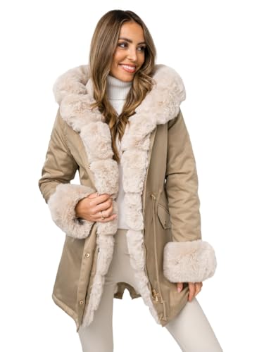 BOLF Damen Winterjacke Parka Gefüttert mit Kunstfell Kapuze Wintermantel Lange Steppjacke Daunenjacke Puffermantel Sportjacke Warm Gefüttert Freizeit Outdoor Casual Style B553 Beige XL [D4D] von BOLF