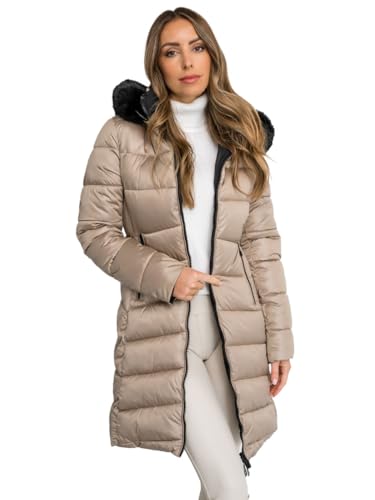 BOLF Damen Winterjacke Parka Gefüttert mit Kunstfell Kapuze Wintermantel Lange Steppjacke Daunenjacke Puffermantel Sportjacke Warm Gefüttert Freizeit Outdoor Casual Style B8202 Beige L [D4D] von BOLF