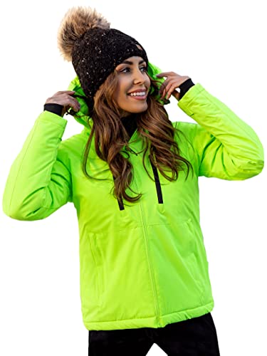 BOLF Damen Winterjacke Skijacke Snowboardjacke Schneejacke mit Kapuze Schneefang Bündchen Winddicht Wasserdicht Atmungsaktiv Outdoor Sport Style HH012 Grün-Neon L [D4D] von BOLF