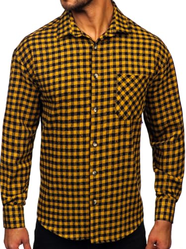BOLF Herren Hemd Flanellhemd Langarm Kariert Freizeithemd Flanell Langarmhemd Elegant Business Party Bügelleicht Farbwahl Classic Basic Slim Fit Casual Style 2025-2 Camel M [2B2] von BOLF