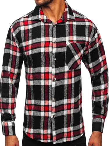 BOLF Herren Hemd Flanellhemd Langarm Kariert Freizeithemd Flanell Langarmhemd Elegant Business Party Bügelleicht Farbwahl Classic Basic Slim Fit Casual Style 2025-3 Rot L [2B2] von BOLF