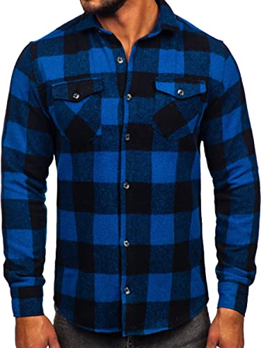 BOLF Herren Hemd Flanellhemd Langarm Kariert Freizeithemd Flanell Langarmhemd Elegant Business Party Bügelleicht Farbwahl Classic Basic Slim Fit Casual Style 20723B Dunkelblau M [2B2] von BOLF