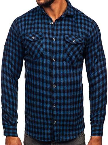 BOLF Herren Hemd Flanellhemd Langarm Kariert Freizeithemd Flanell Langarmhemd Elegant Business Party Bügelleicht Farbwahl Classic Basic Slim Fit Casual Style 22701 Dunkelblau M [2B2] von BOLF