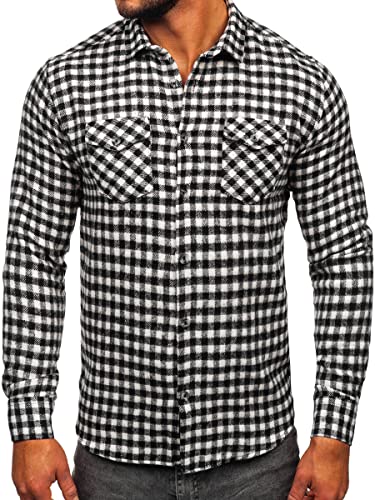 BOLF Herren Hemd Flanellhemd Langarm Kariert Freizeithemd Flanell Langarmhemd Elegant Business Party Bügelleicht Farbwahl Classic Basic Slim Fit Casual Style 22701 Schwarz-Weiß L [2B2] von BOLF