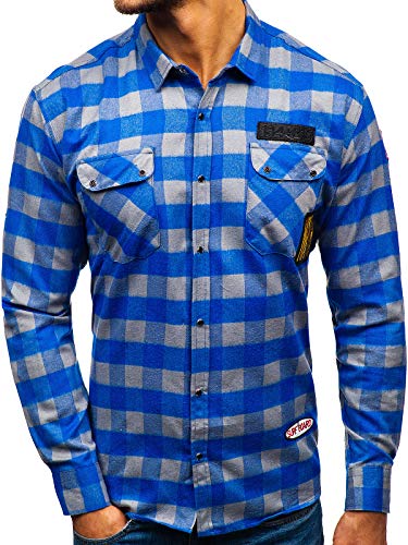 BOLF Herren Hemd Flanellhemd mit Druckknopfe Baumwollmischung Kariert Doppelfarbig NORTHIST 2503 Blau-Grau L [2B2] von BOLF
