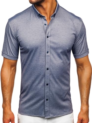 BOLF Herren Hemd Kurzarm Basic Kurzärmeliges Kurzarmhemd Freizeithemd Button Down Businesshemd Einfarbig Sommer Elegant Party Casual Slim Fit 2005 Blau L [2B2] von BOLF