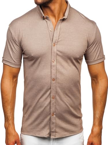 BOLF Herren Hemd Kurzarm Basic Kurzärmeliges Kurzarmhemd Freizeithemd Button Down Businesshemd Einfarbig Sommer Elegant Party Casual Slim Fit 2005 Braun M [2B2] von BOLF