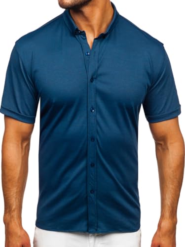 BOLF Herren Hemd Kurzarm Basic Kurzärmeliges Kurzarmhemd Freizeithemd Button Down Businesshemd Einfarbig Sommer Elegant Party Casual Slim Fit 2005 Dunkelblau XL [2B2] von BOLF