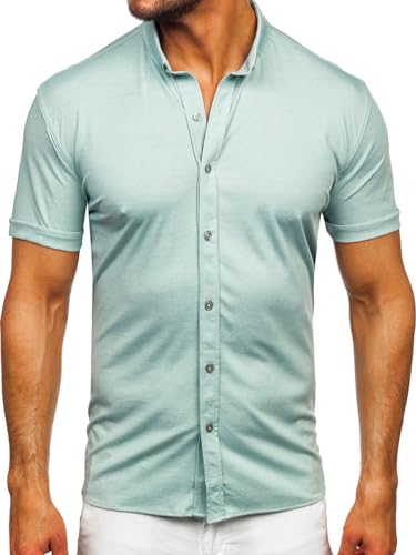 BOLF Herren Hemd Kurzarm Basic Kurzärmeliges Kurzarmhemd Freizeithemd Button Down Businesshemd Einfarbig Sommer Elegant Party Casual Slim Fit 2005 Mint L [2B2] von BOLF