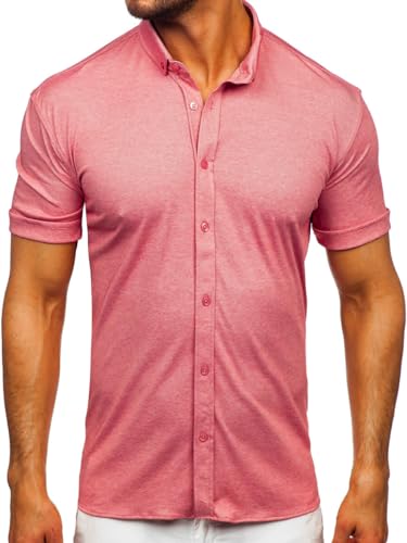 BOLF Herren Hemd Kurzarm Basic Kurzärmeliges Kurzarmhemd Freizeithemd Button Down Businesshemd Einfarbig Sommer Elegant Party Casual Slim Fit 2005 Rosa XL [2B2] von BOLF